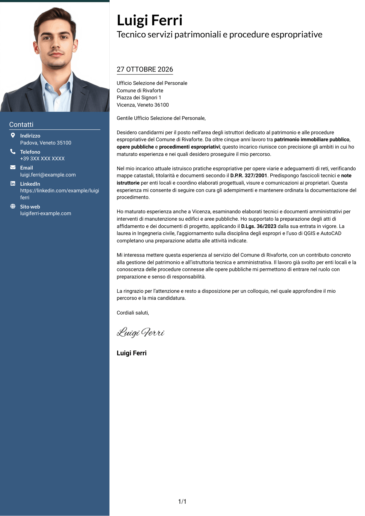 Lettera di presentazione Signature (formato con colonna laterale colorata e foto grande): Istruttore servizi tecnici - Patrimonio ed espropriazioni, pagina 1