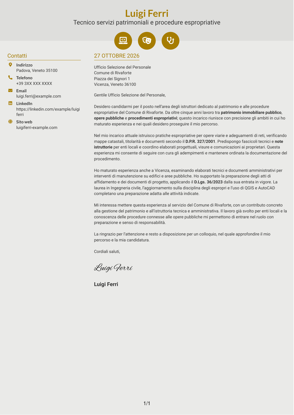 Lettera di presentazione Dinamico (formato a due colonne con icone): Istruttore servizi tecnici - Patrimonio ed espropriazioni, pagina 1