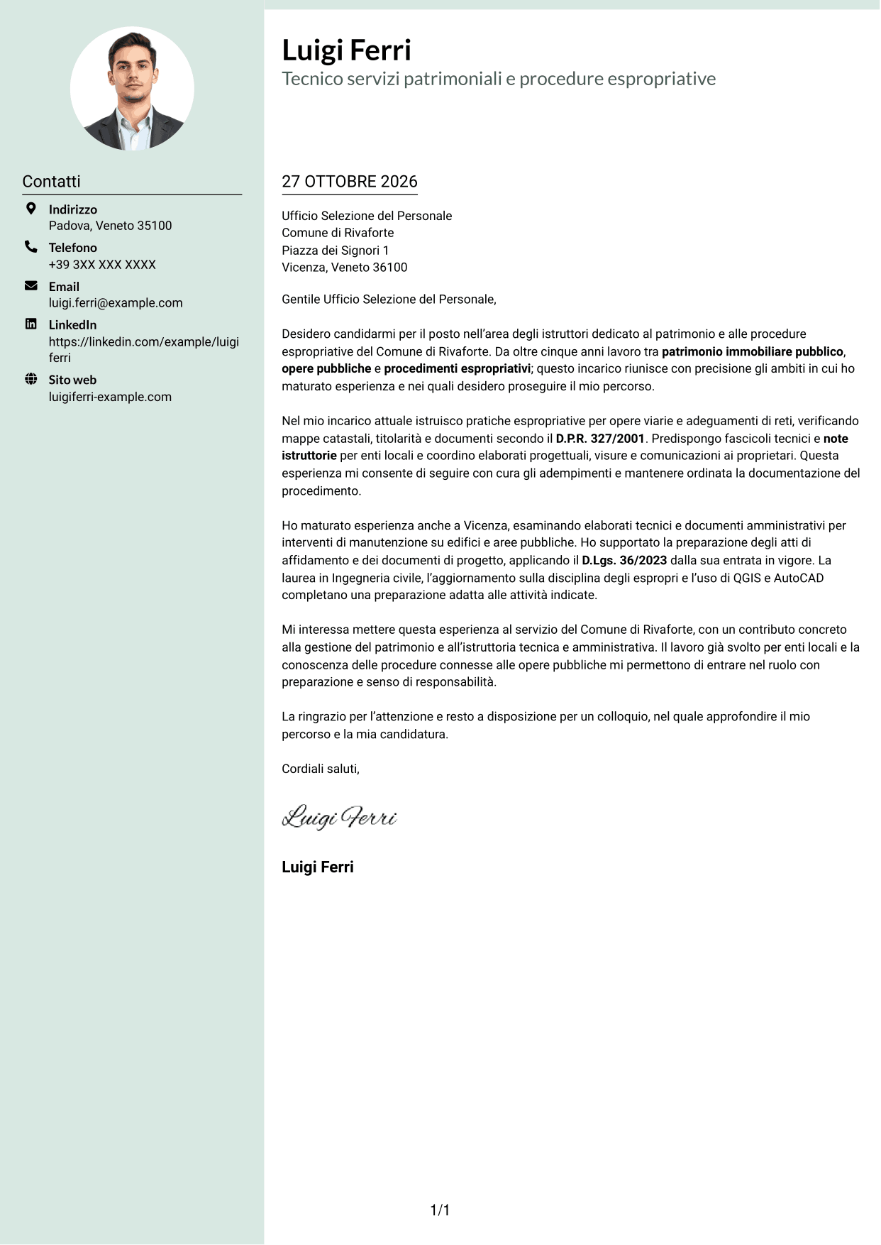 Lettera di presentazione Dirigente (formato con colonna laterale tenue e foto arrotondata): Istruttore servizi tecnici - Patrimonio ed espropriazioni, pagina 1