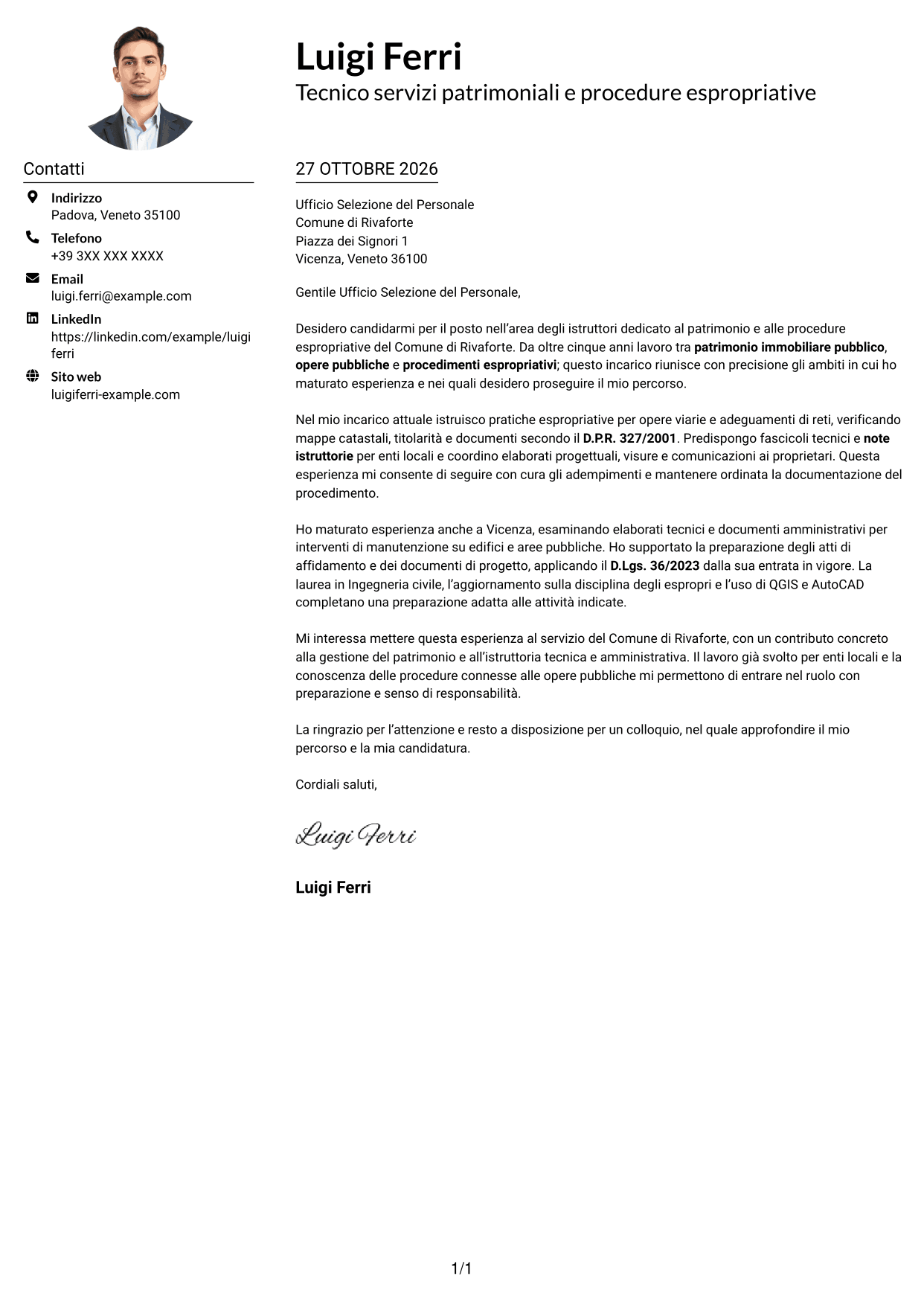 Esempio di lettera di presentazione — pagina 1