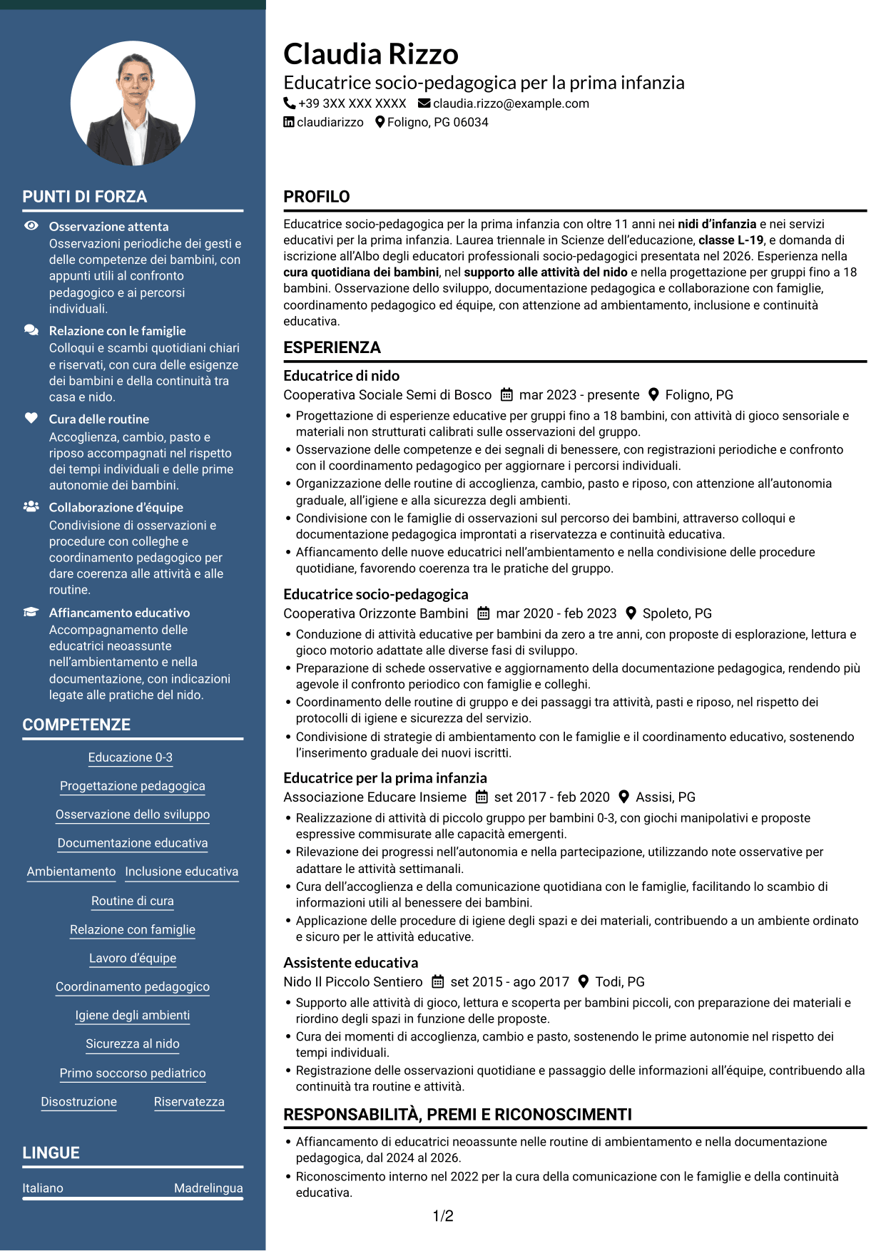 CV Elegante (formato con colonna laterale colorata e foto): Istruttore socio-educativo-assistenziale - Nidi d'infanzia, pagina 1