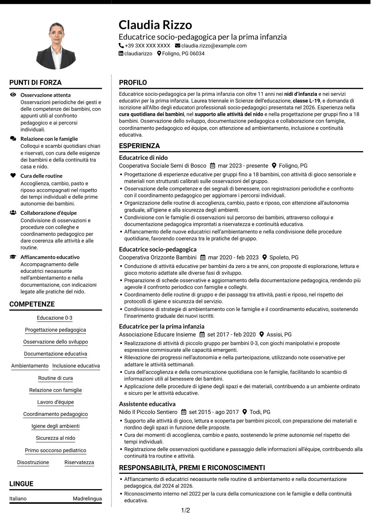 CV Moderno (formato a due colonne con foto a sinistra e separatore): Istruttore socio-educativo-assistenziale - Nidi d'infanzia, pagina 1