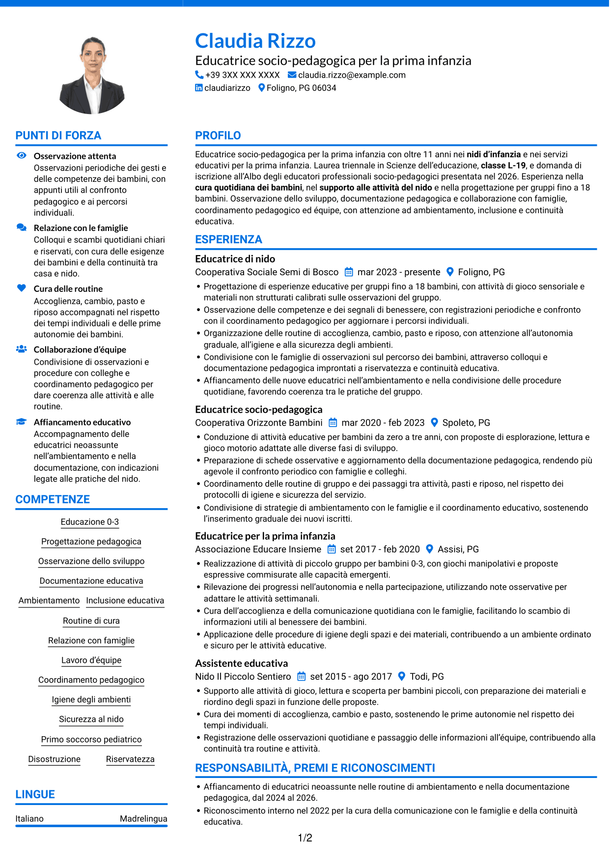 CV Audace (formato a due colonne con accenti colorati e foto): Istruttore socio-educativo-assistenziale - Nidi d'infanzia, pagina 1