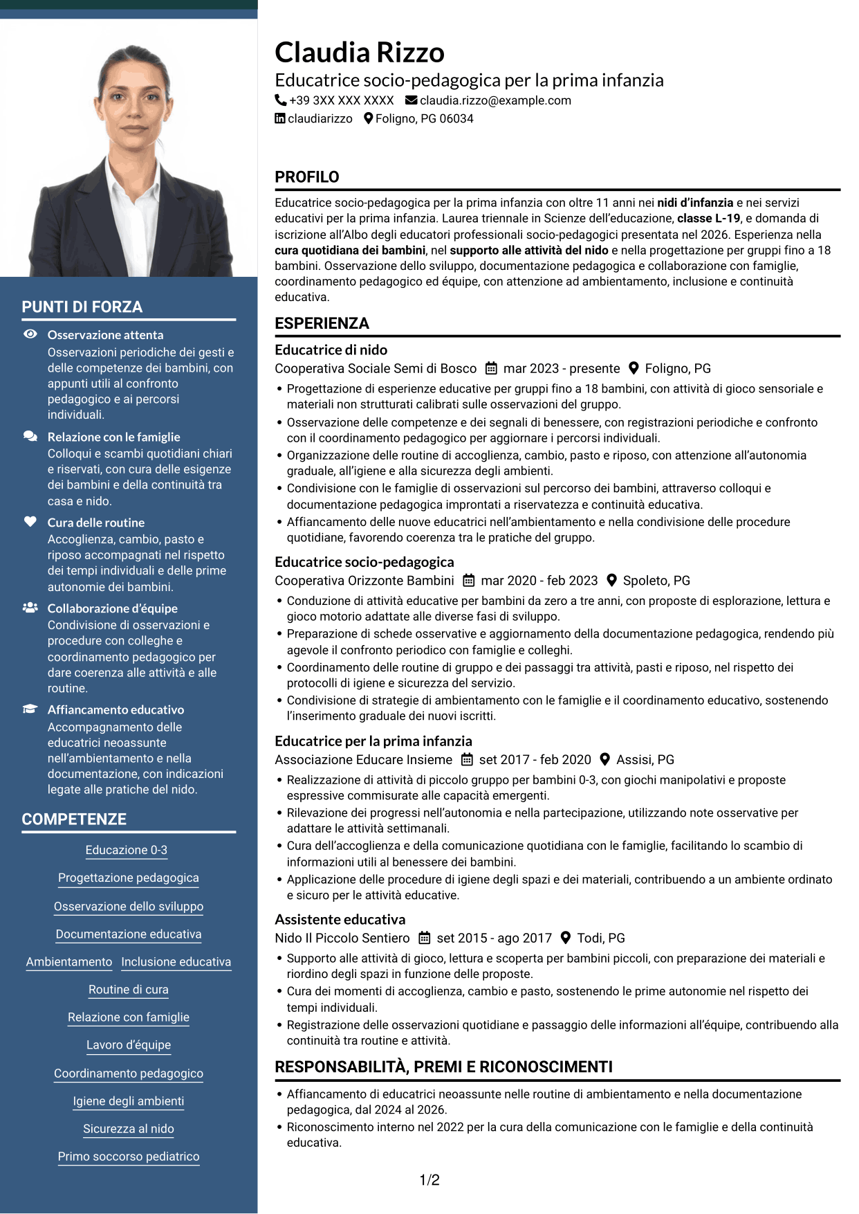 CV Signature (formato con colonna laterale colorata e foto grande): Istruttore socio-educativo-assistenziale - Nidi d'infanzia, pagina 1