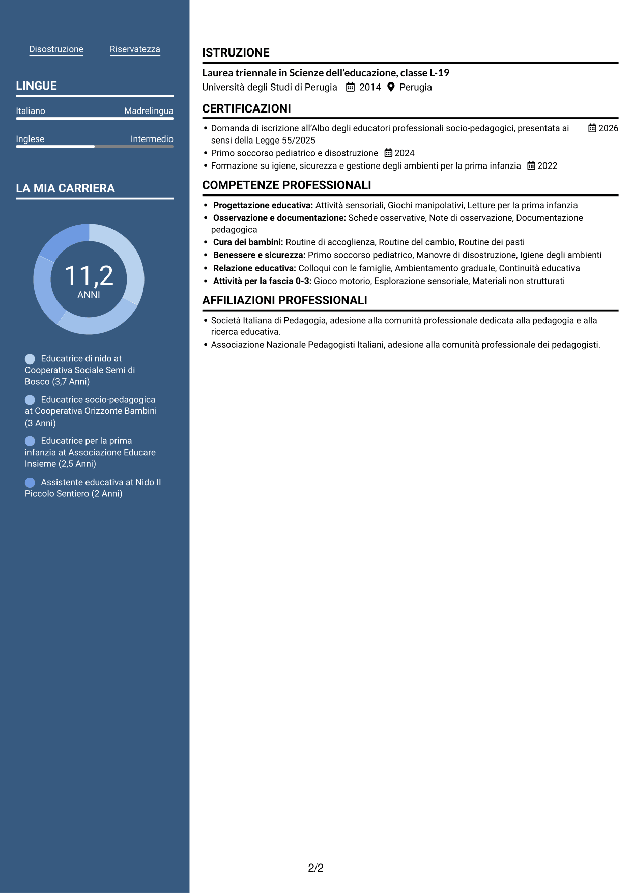 CV Signature (formato con colonna laterale colorata e foto grande): Istruttore socio-educativo-assistenziale - Nidi d'infanzia, pagina 2