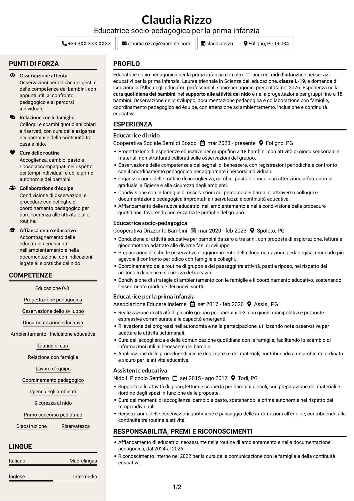 CV Intraprendente (formato a due colonne con intestazione centrata senza foto): Istruttore socio-educativo-assistenziale - Nidi d'infanzia, pagina 1
