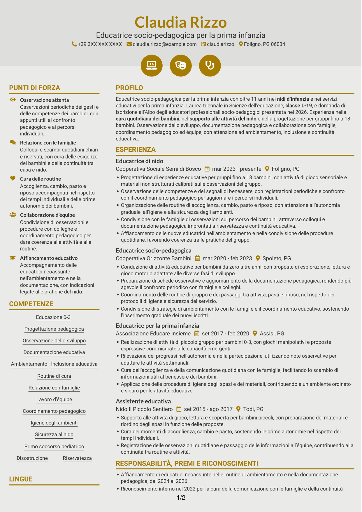 CV Dinamico (formato a due colonne con icone): Istruttore socio-educativo-assistenziale - Nidi d'infanzia, pagina 1