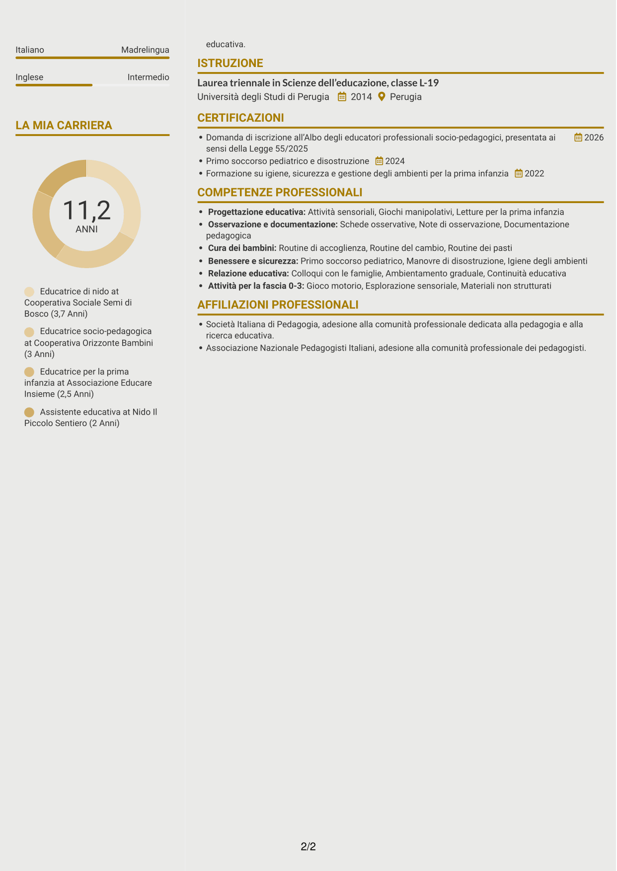 CV Dinamico (formato a due colonne con icone): Istruttore socio-educativo-assistenziale - Nidi d'infanzia, pagina 2