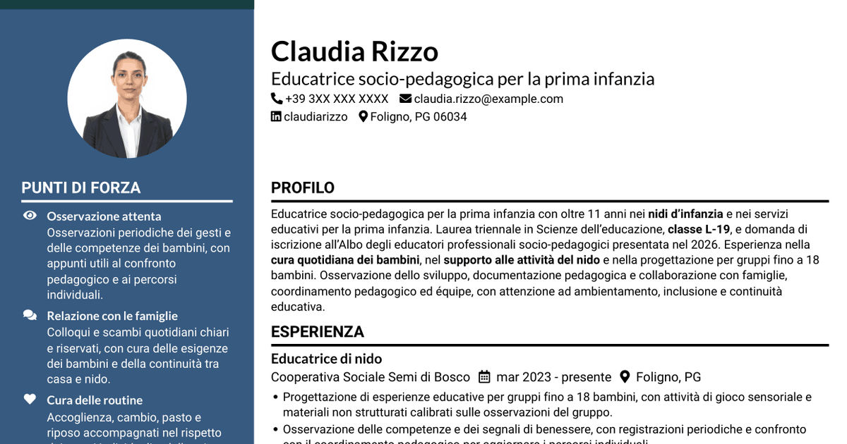 7 modelli di CV per Istruttore socio-educativo-assistenziale - Nidi d'infanzia, con esempi