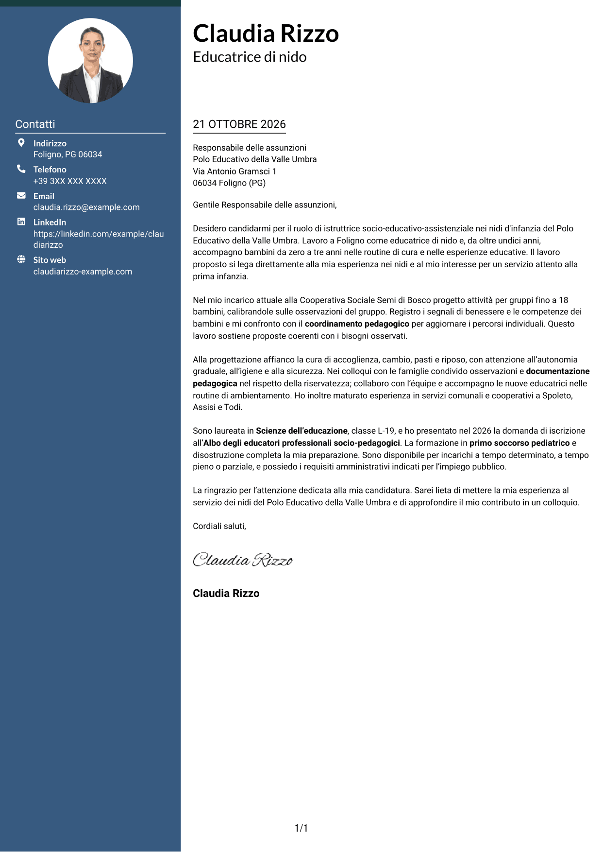 Lettera di presentazione Elegante (formato con colonna laterale colorata e foto): Istruttore socio-educativo-assistenziale - Nidi d'infanzia, pagina 1