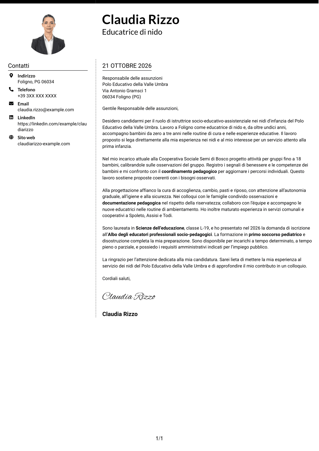 Lettera di presentazione Moderno (formato a due colonne con foto a sinistra e separatore): Istruttore socio-educativo-assistenziale - Nidi d'infanzia, pagina 1