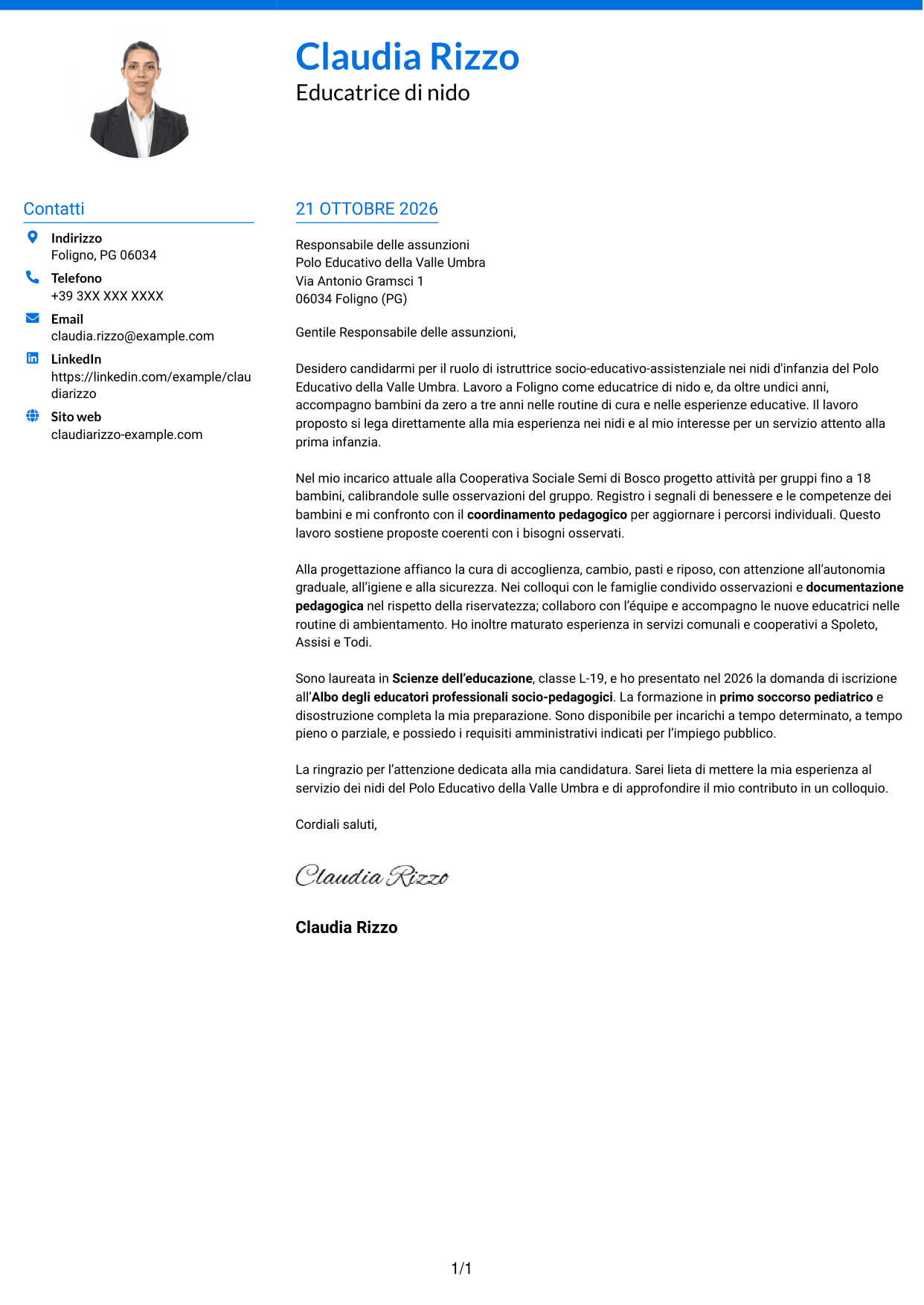 Lettera di presentazione Audace (formato a due colonne con accenti colorati e foto): Istruttore socio-educativo-assistenziale - Nidi d'infanzia, pagina 1