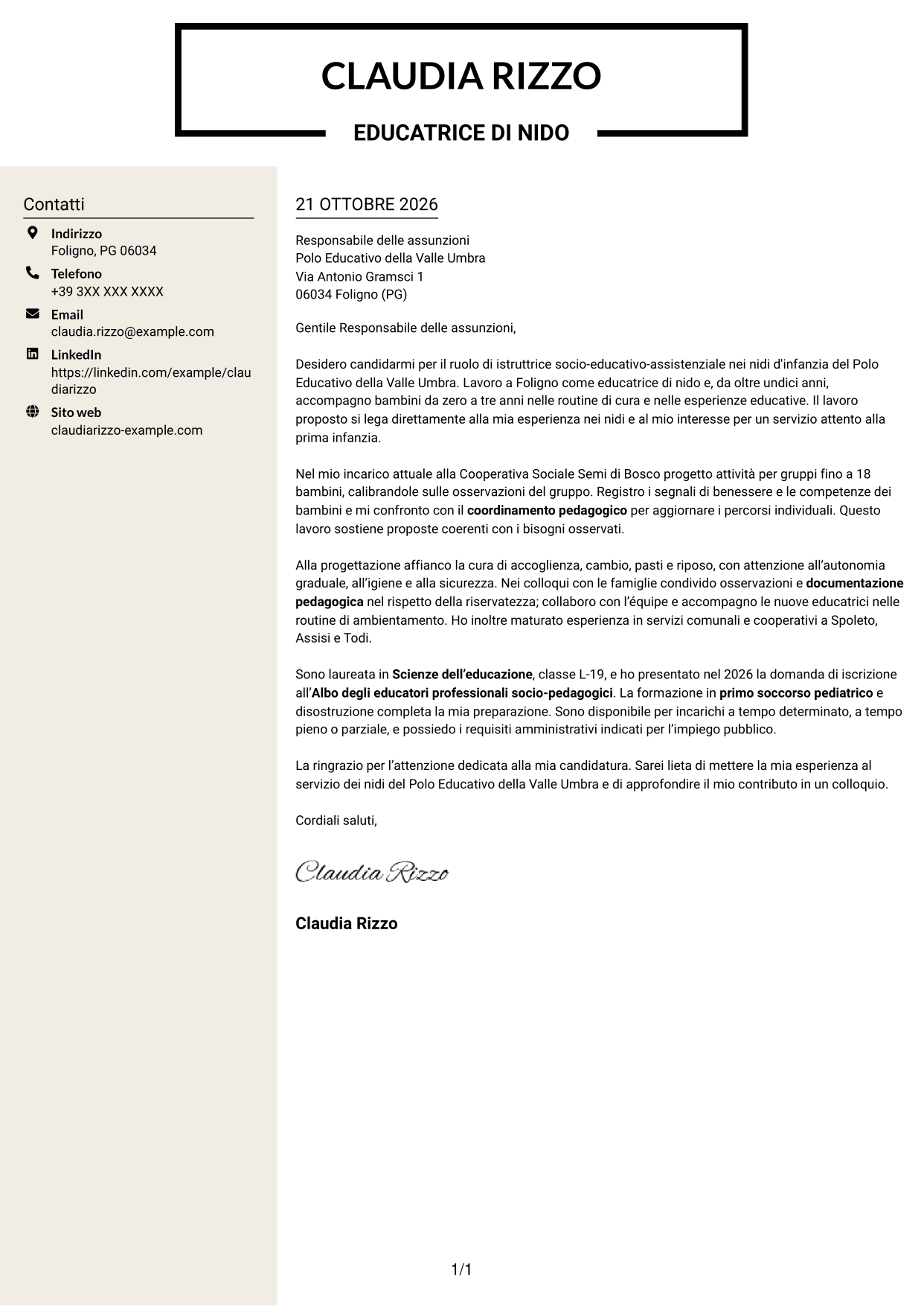 Lettera di presentazione Intraprendente (formato a due colonne con intestazione centrata senza foto): Istruttore socio-educativo-assistenziale - Nidi d'infanzia, pagina 1