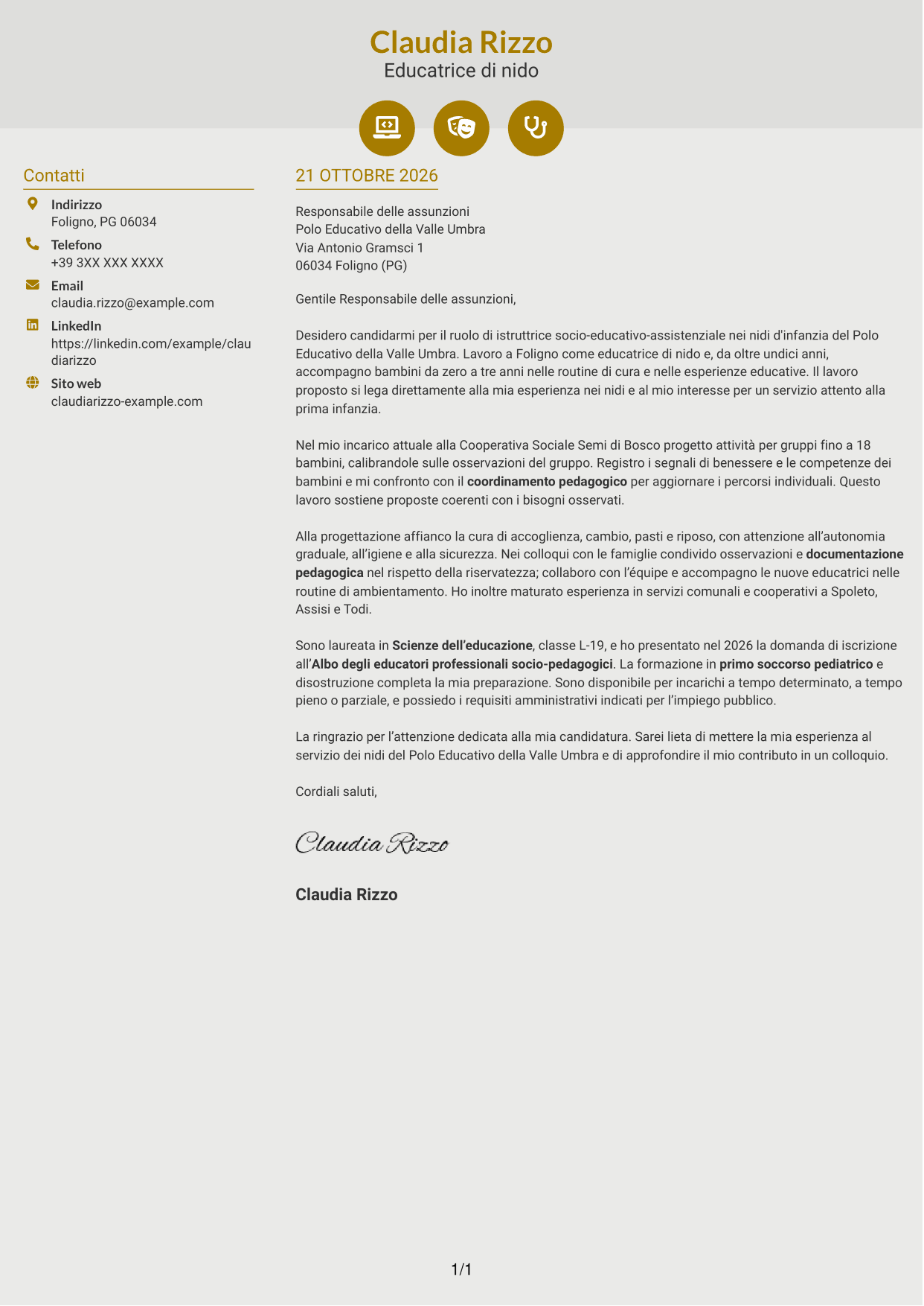 Lettera di presentazione Dinamico (formato a due colonne con icone): Istruttore socio-educativo-assistenziale - Nidi d'infanzia, pagina 1