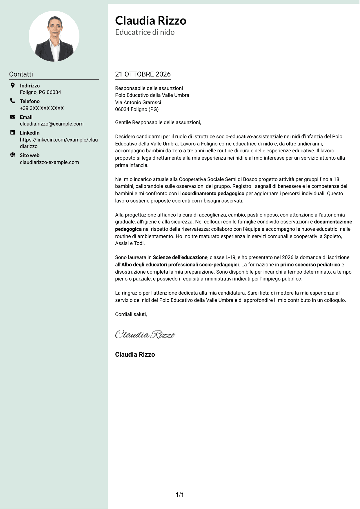 Lettera di presentazione Dirigente (formato con colonna laterale tenue e foto arrotondata): Istruttore socio-educativo-assistenziale - Nidi d'infanzia, pagina 1