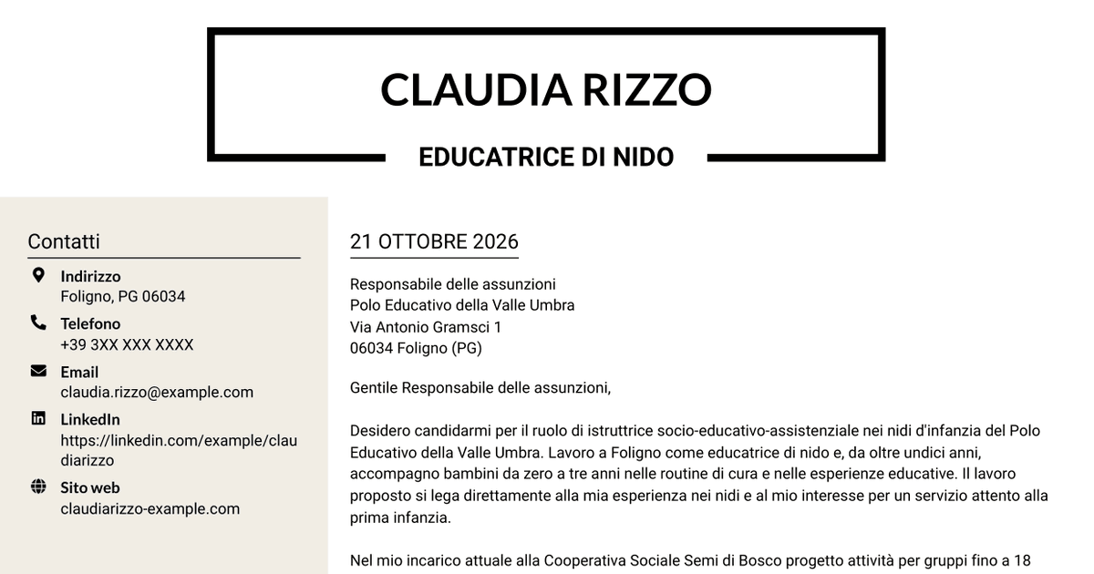 7 modelli di lettera di presentazione per Istruttore socio-educativo-assistenziale - Nidi d'infanzia, con esempi