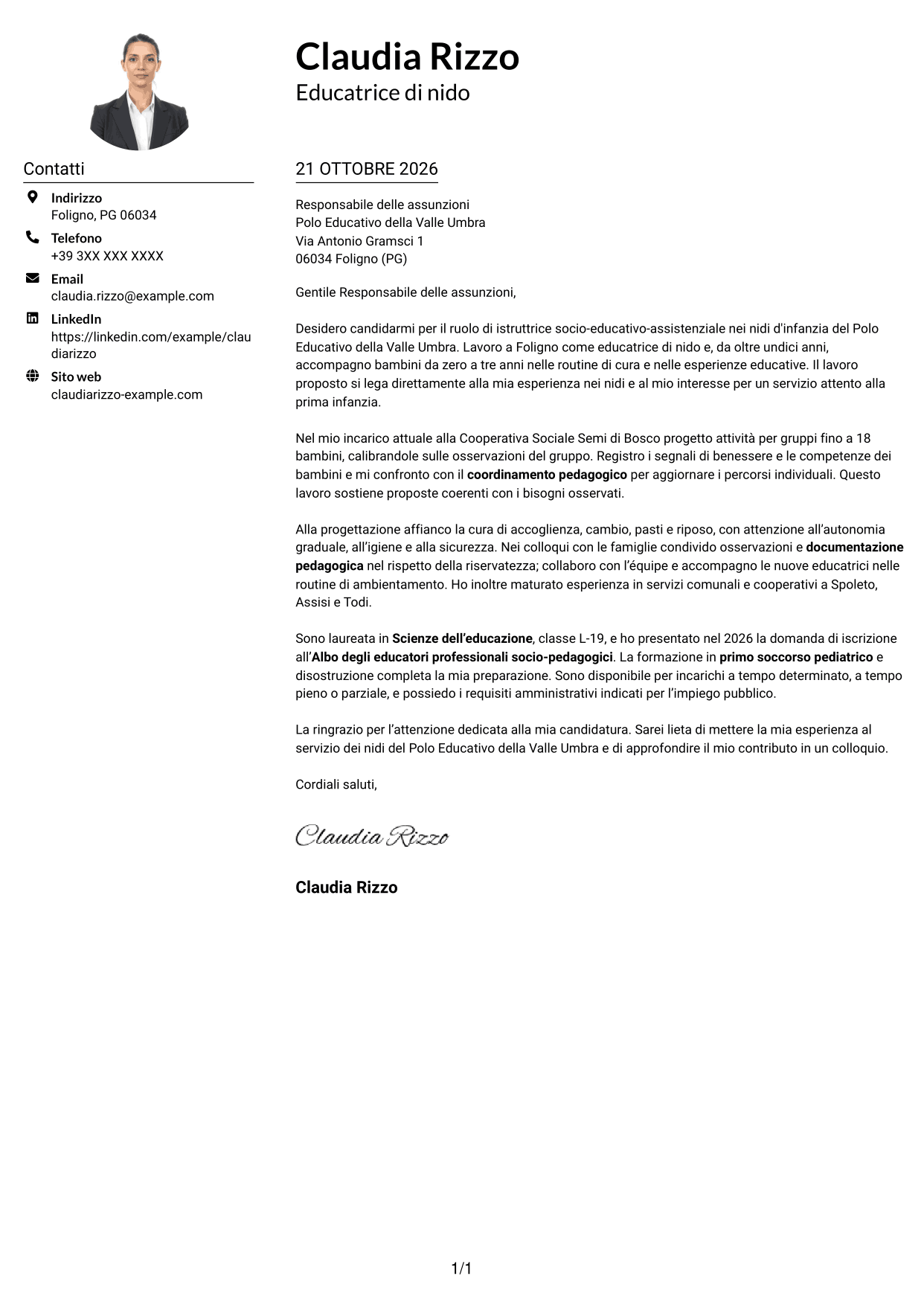 Esempio di lettera di presentazione — pagina 1