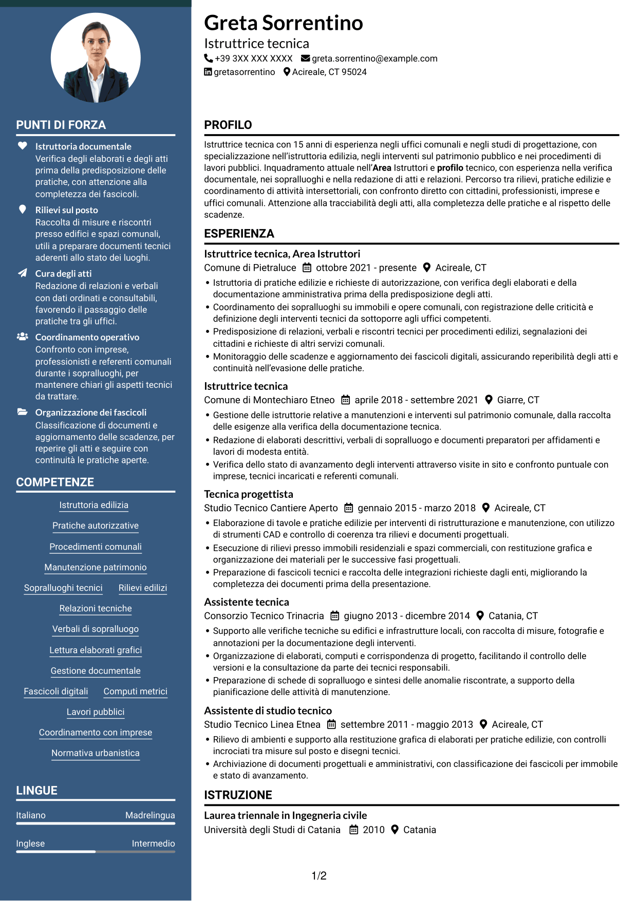 CV Elegante (formato con colonna laterale colorata e foto): Istruttore tecnico, pagina 1