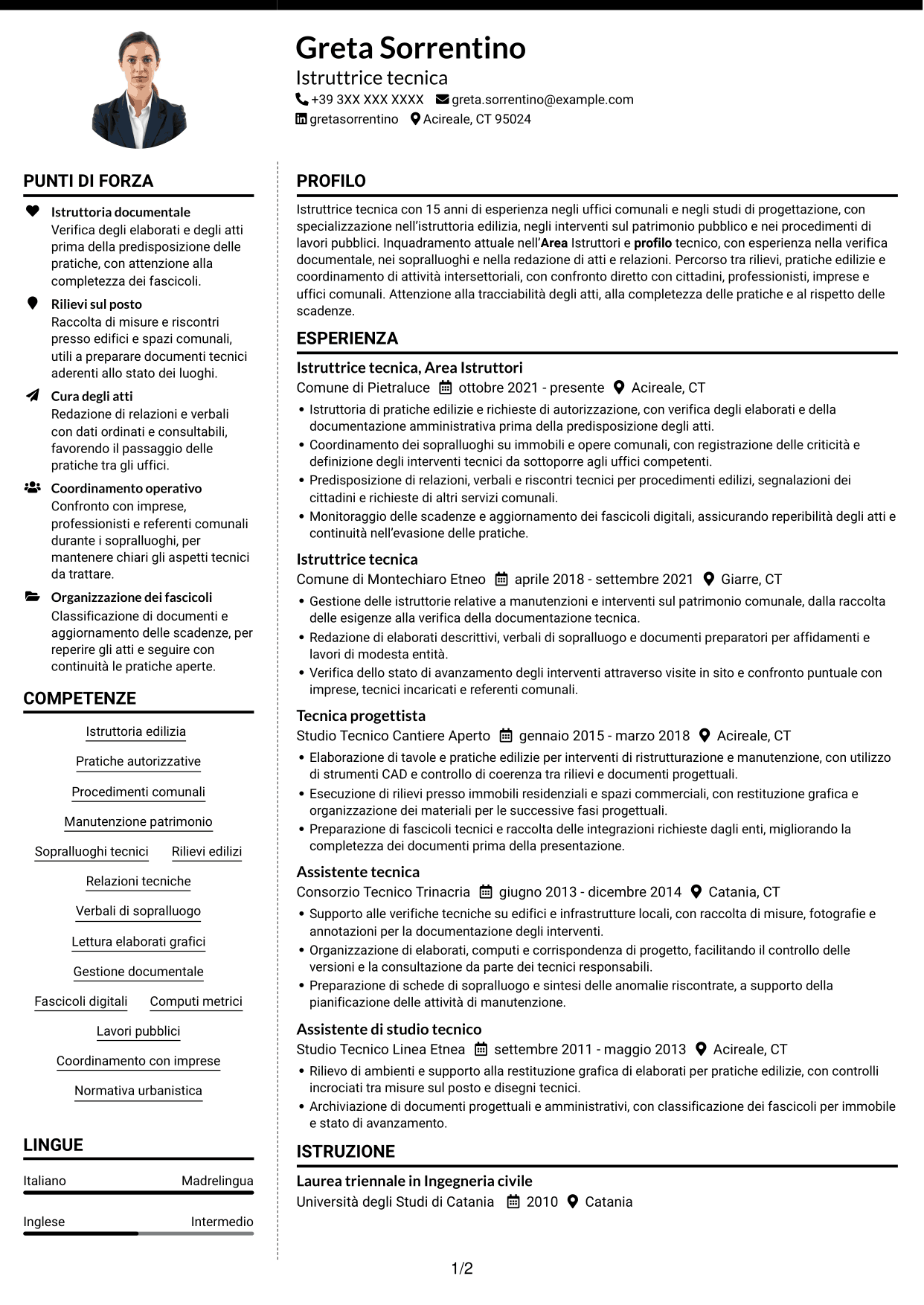 CV Moderno (formato a due colonne con foto a sinistra e separatore): Istruttore tecnico, pagina 1