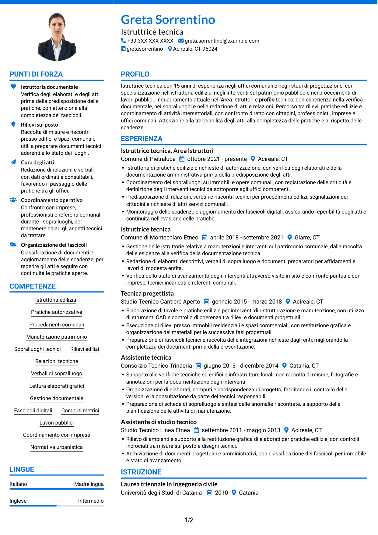 CV Audace (formato a due colonne con accenti colorati e foto): Istruttore tecnico, pagina 1