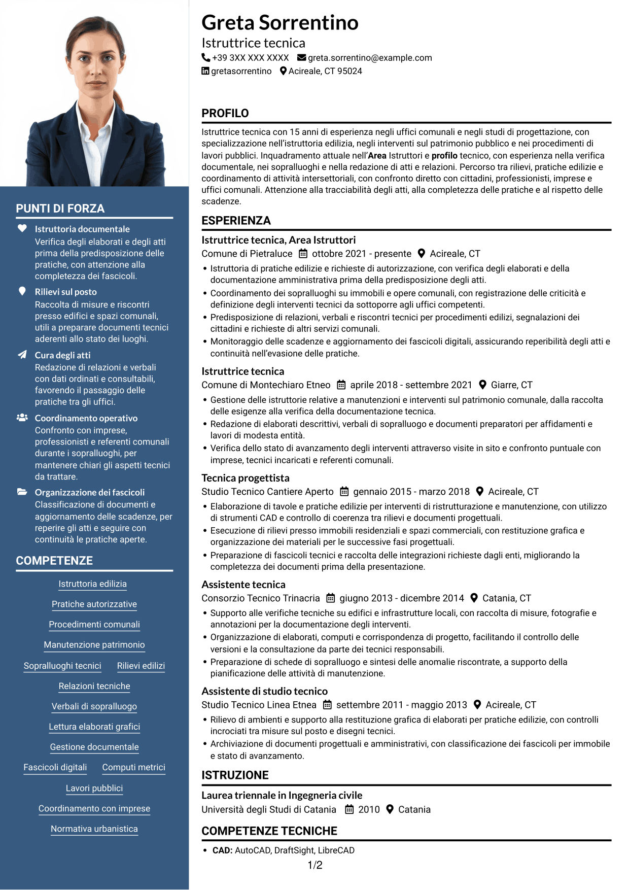 CV Signature (formato con colonna laterale colorata e foto grande): Istruttore tecnico, pagina 1