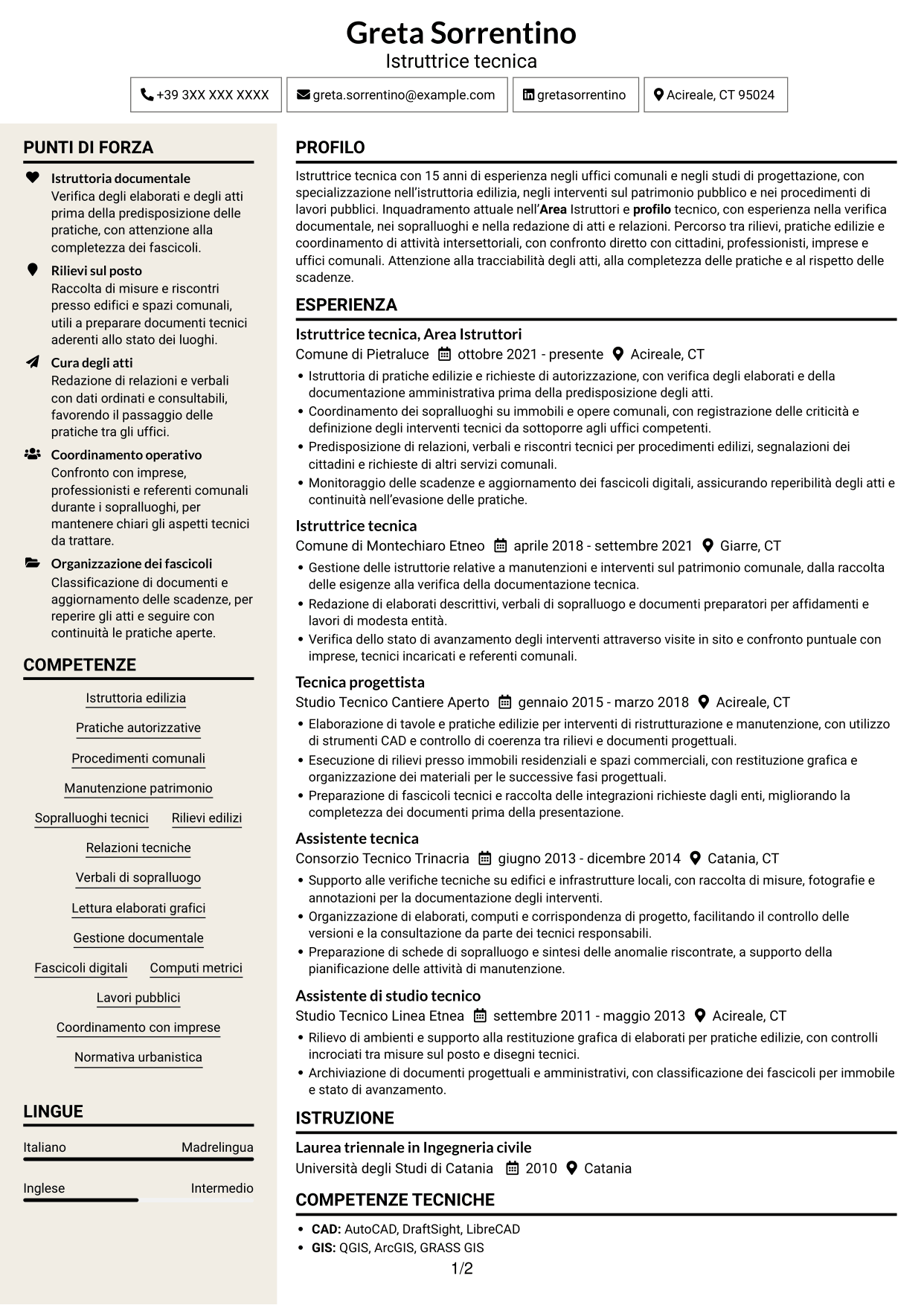 CV Intraprendente (formato a due colonne con intestazione centrata senza foto): Istruttore tecnico, pagina 1