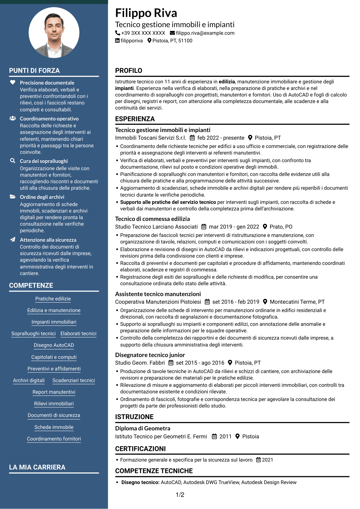 CV Elegante (formato con colonna laterale colorata e foto): Istruttore Tecnico - Edilizia e Impianti, pagina 1