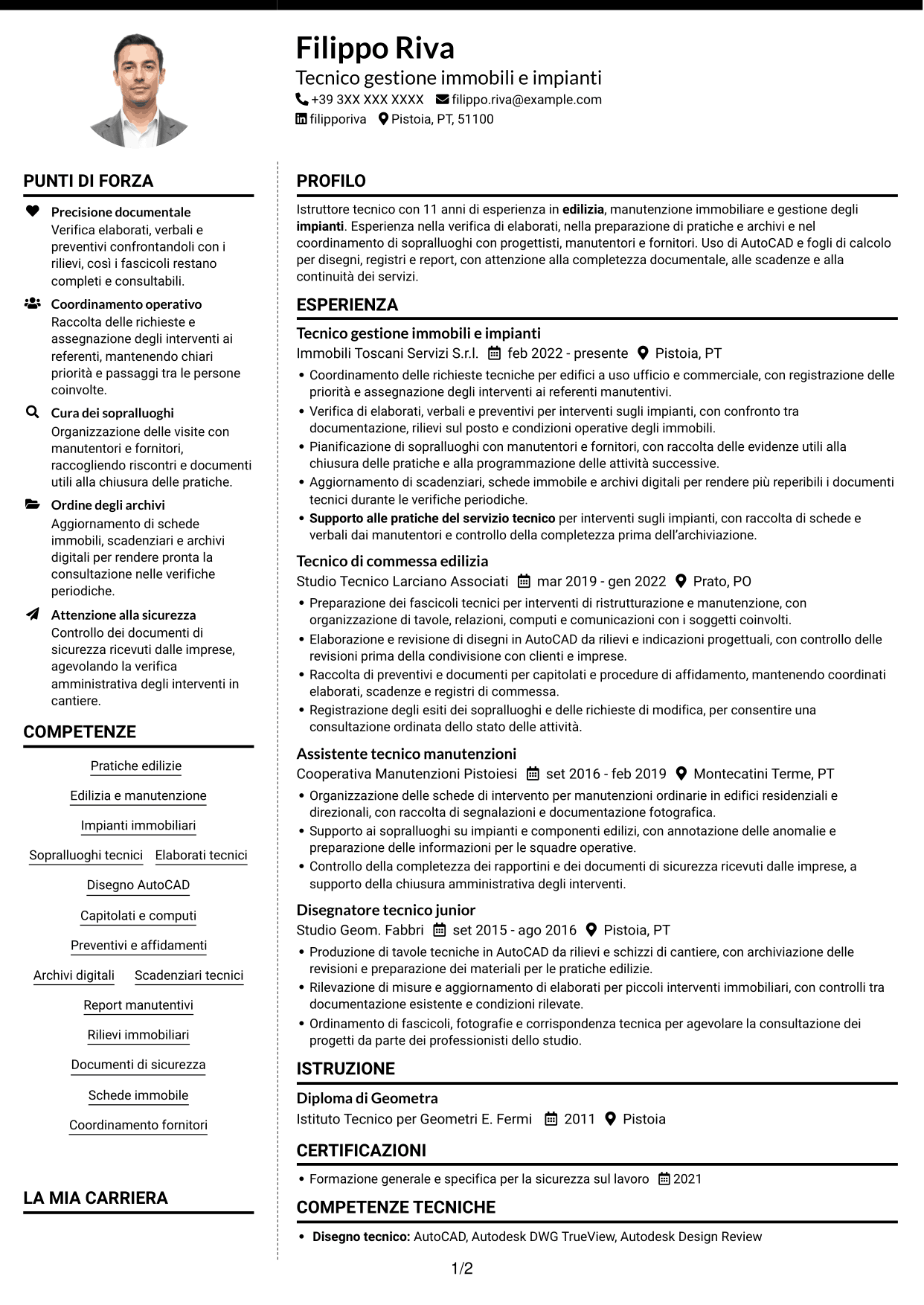 CV Moderno (formato a due colonne con foto a sinistra e separatore): Istruttore Tecnico - Edilizia e Impianti, pagina 1