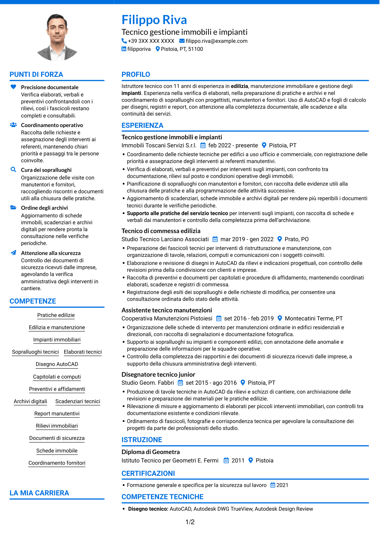 CV Audace (formato a due colonne con accenti colorati e foto): Istruttore Tecnico - Edilizia e Impianti, pagina 1