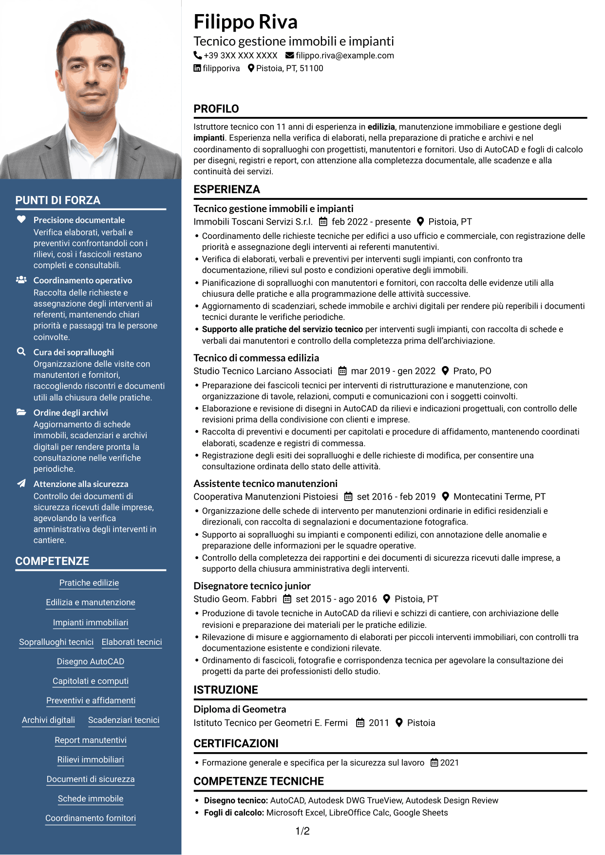 CV Signature (formato con colonna laterale colorata e foto grande): Istruttore Tecnico - Edilizia e Impianti, pagina 1