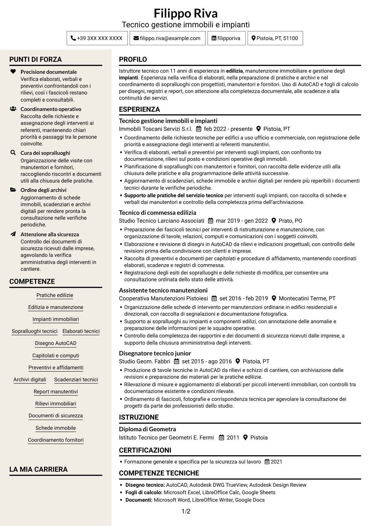 CV Intraprendente (formato a due colonne con intestazione centrata senza foto): Istruttore Tecnico - Edilizia e Impianti, pagina 1