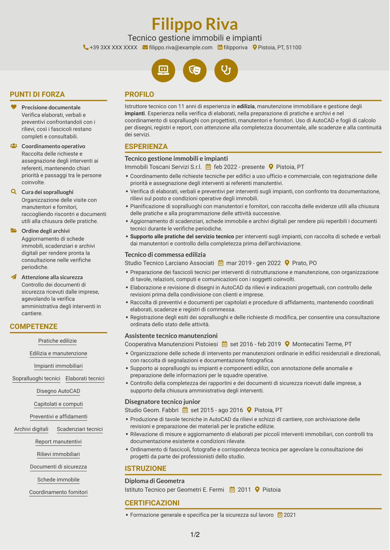 CV Dinamico (formato a due colonne con icone): Istruttore Tecnico - Edilizia e Impianti, pagina 1