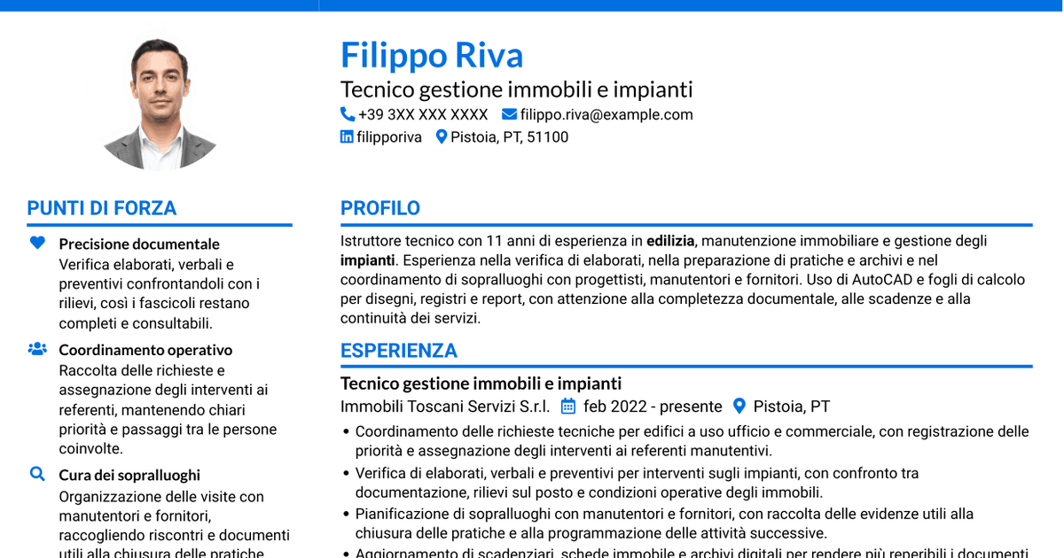 7 modelli di CV per Istruttore Tecnico - Edilizia e Impianti, con esempi