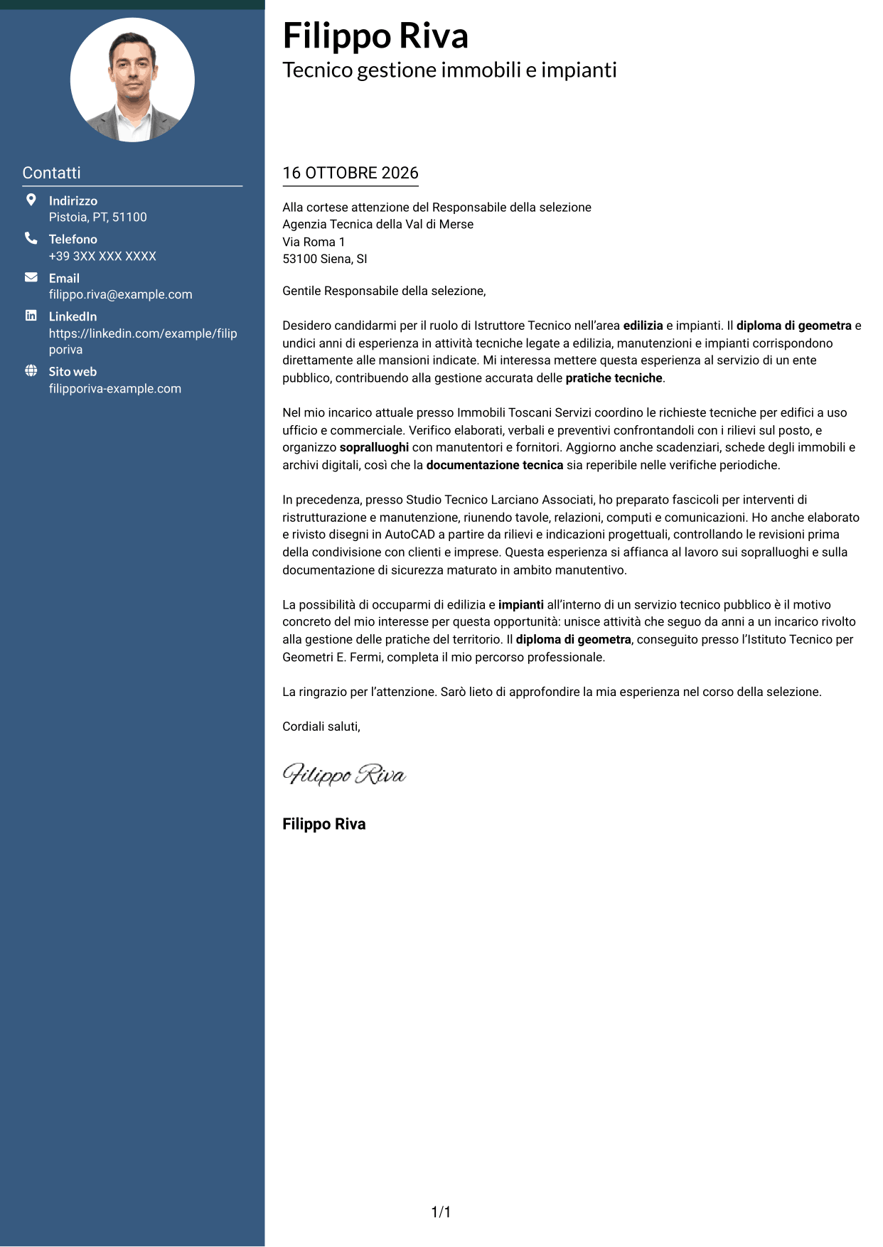 Lettera di presentazione Elegante (formato con colonna laterale colorata e foto): Istruttore Tecnico - Edilizia e Impianti, pagina 1