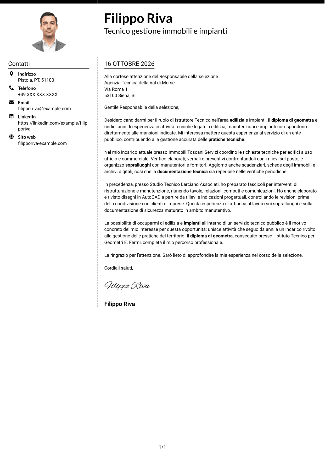 Lettera di presentazione Moderno (formato a due colonne con foto a sinistra e separatore): Istruttore Tecnico - Edilizia e Impianti, pagina 1