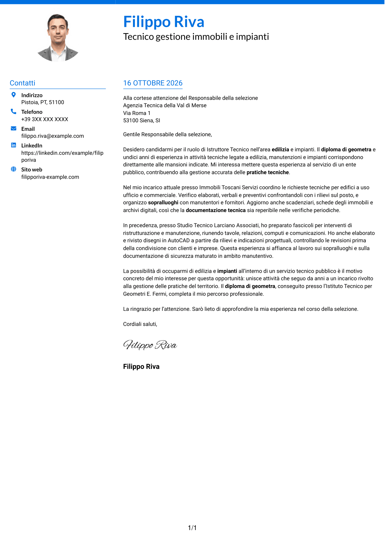 Lettera di presentazione Audace (formato a due colonne con accenti colorati e foto): Istruttore Tecnico - Edilizia e Impianti, pagina 1
