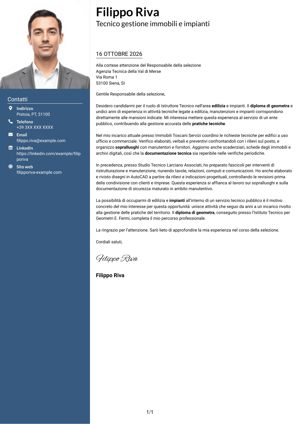 Lettera di presentazione Signature (formato con colonna laterale colorata e foto grande): Istruttore Tecnico - Edilizia e Impianti, pagina 1