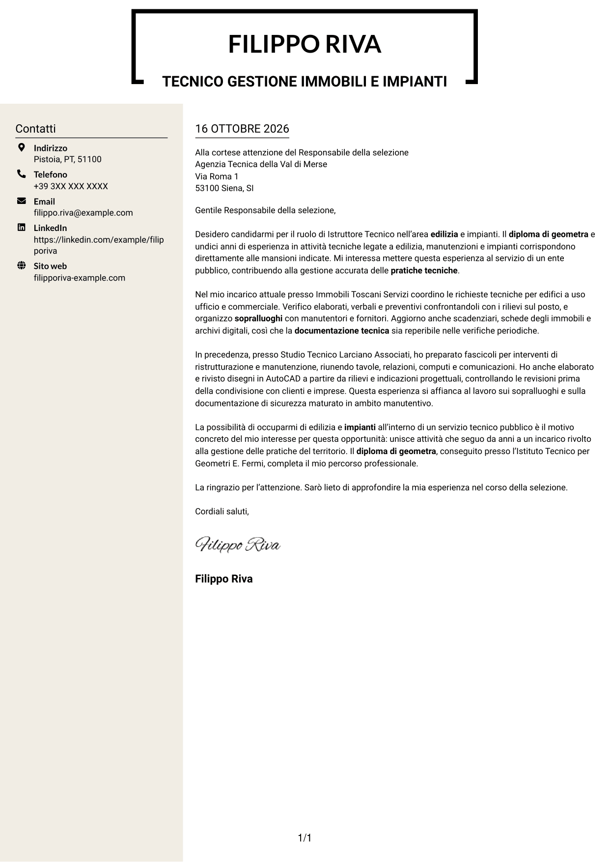 Lettera di presentazione Intraprendente (formato a due colonne con intestazione centrata senza foto): Istruttore Tecnico - Edilizia e Impianti, pagina 1