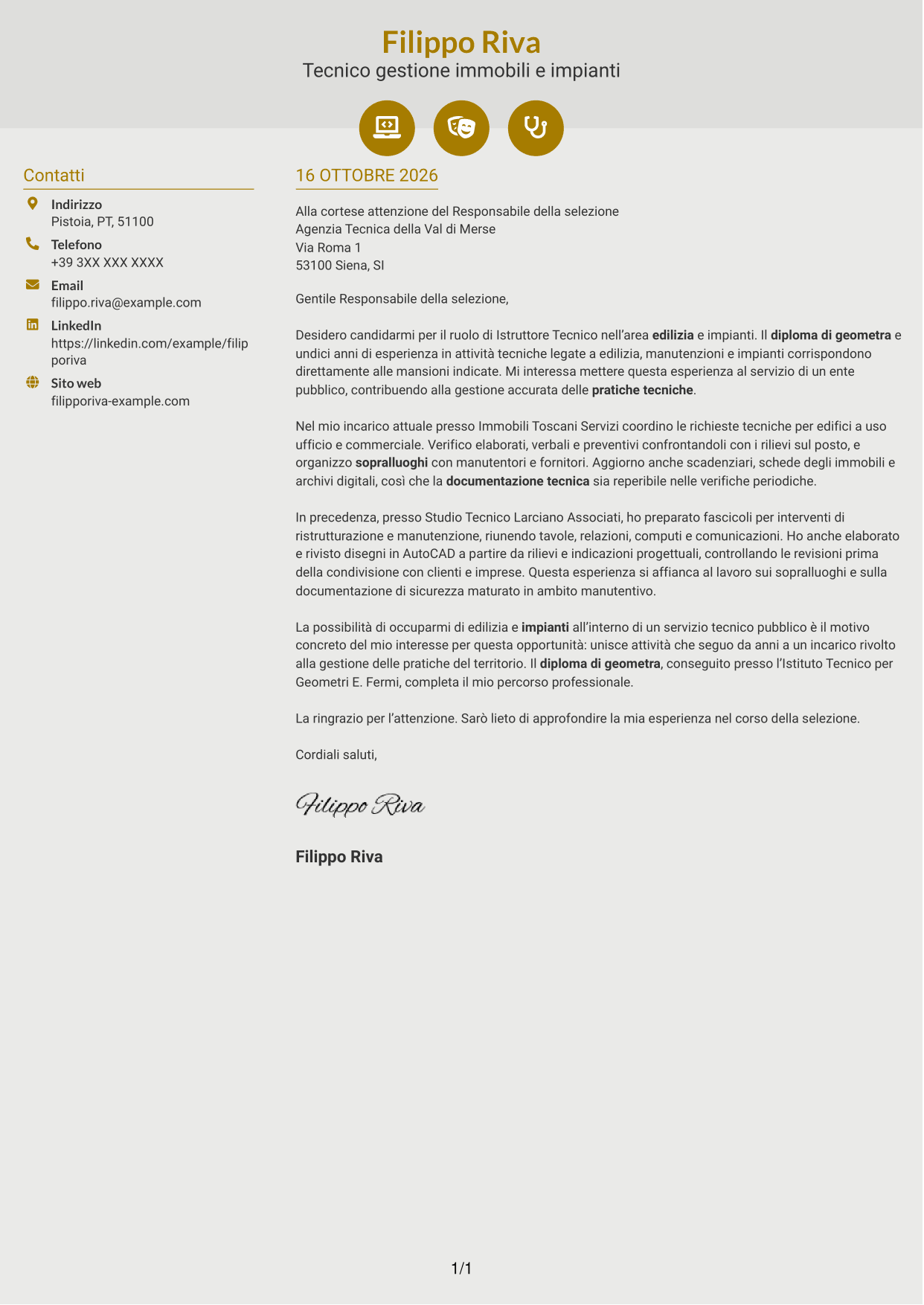 Lettera di presentazione Dinamico (formato a due colonne con icone): Istruttore Tecnico - Edilizia e Impianti, pagina 1