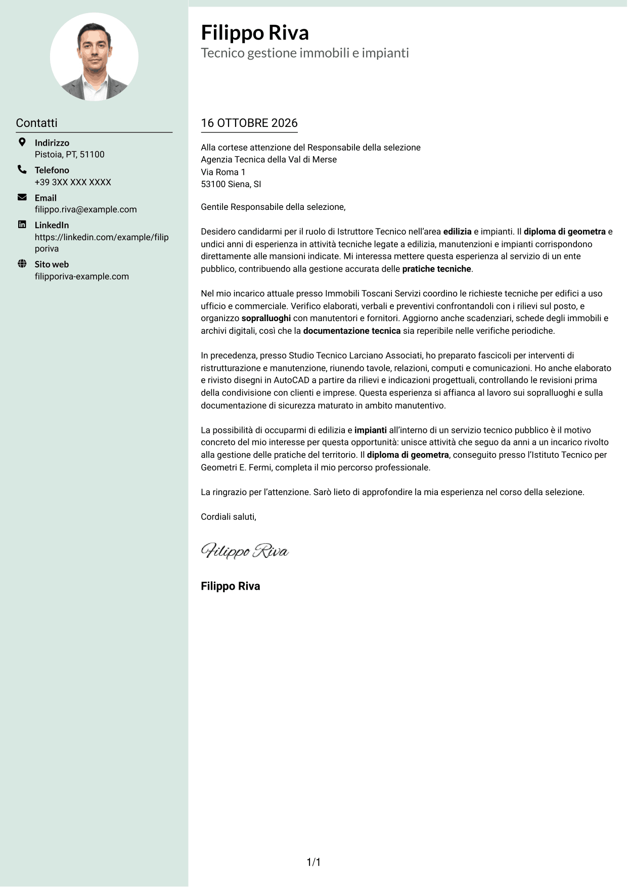 Lettera di presentazione Dirigente (formato con colonna laterale tenue e foto arrotondata): Istruttore Tecnico - Edilizia e Impianti, pagina 1