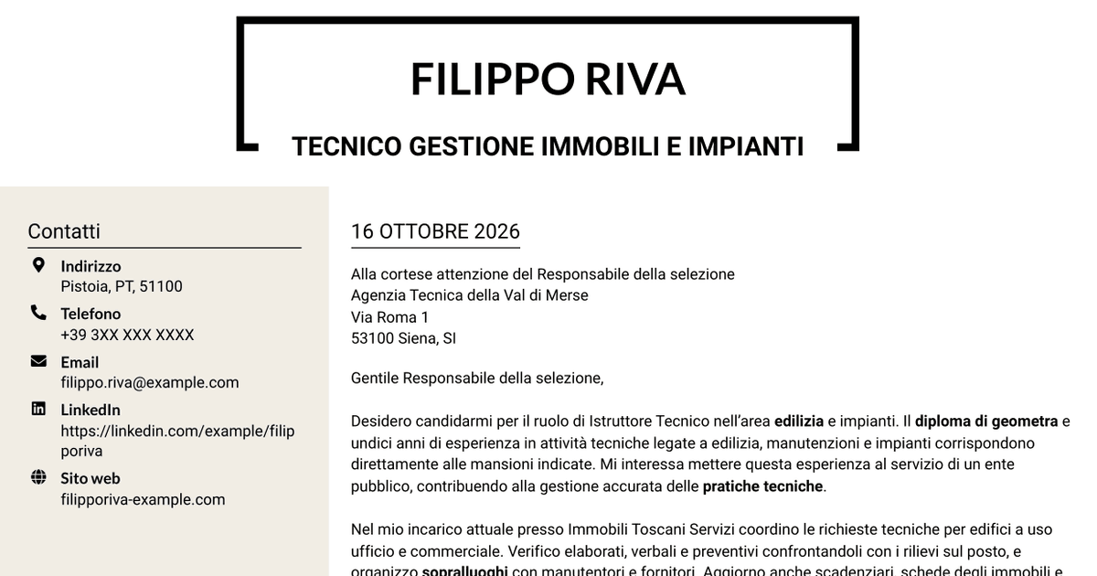 7 modelli di lettera di presentazione per Istruttore Tecnico - Edilizia e Impianti, con esempi