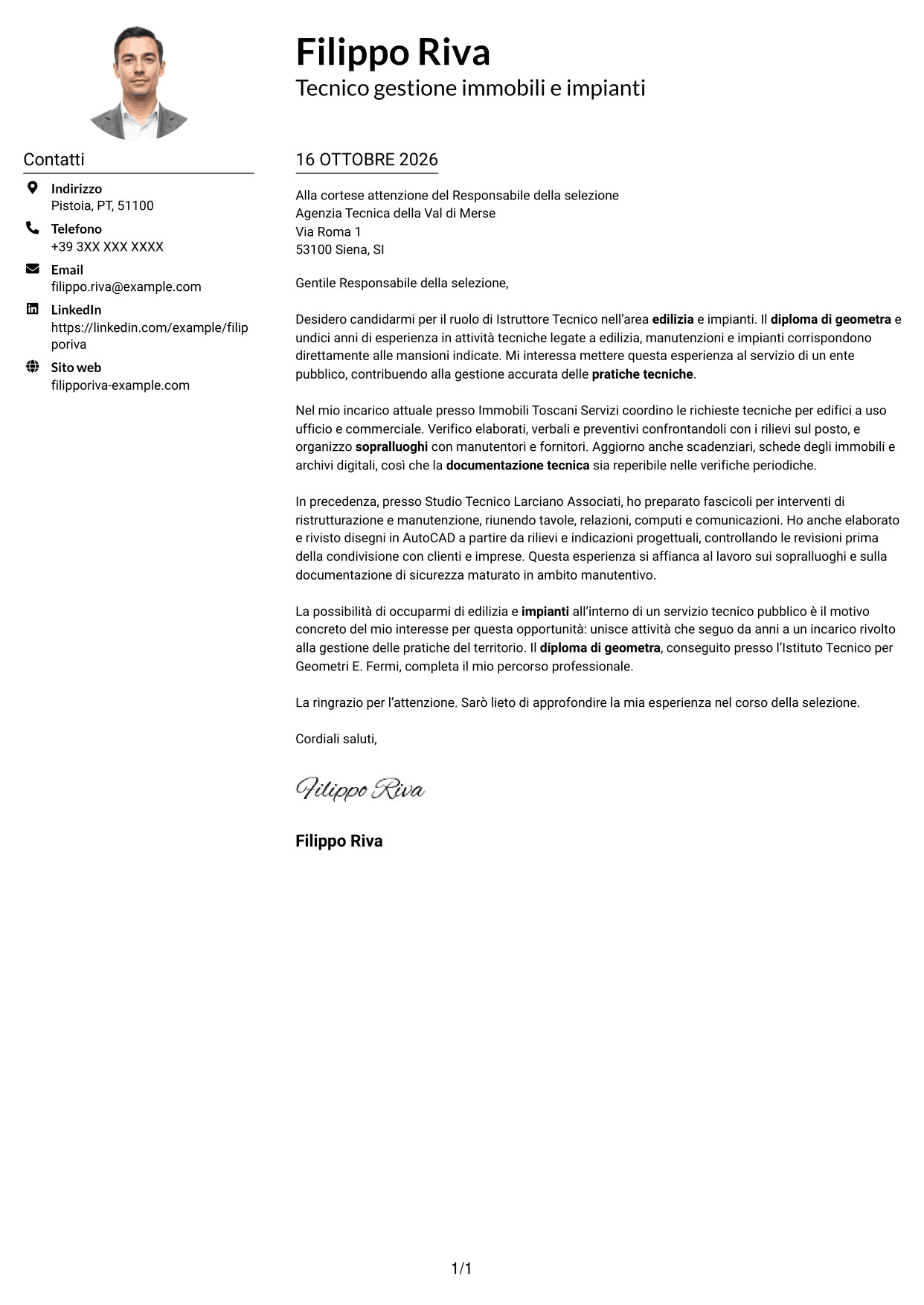 Esempio di lettera di presentazione — pagina 1