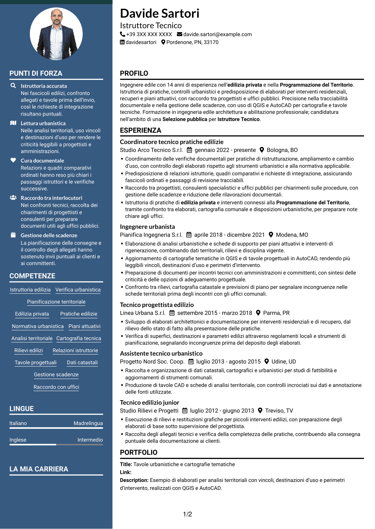 CV Elegante (formato con colonna laterale colorata e foto): Istruttore Tecnico - Edilizia Privata e Programmazione del Territorio, pagina 1