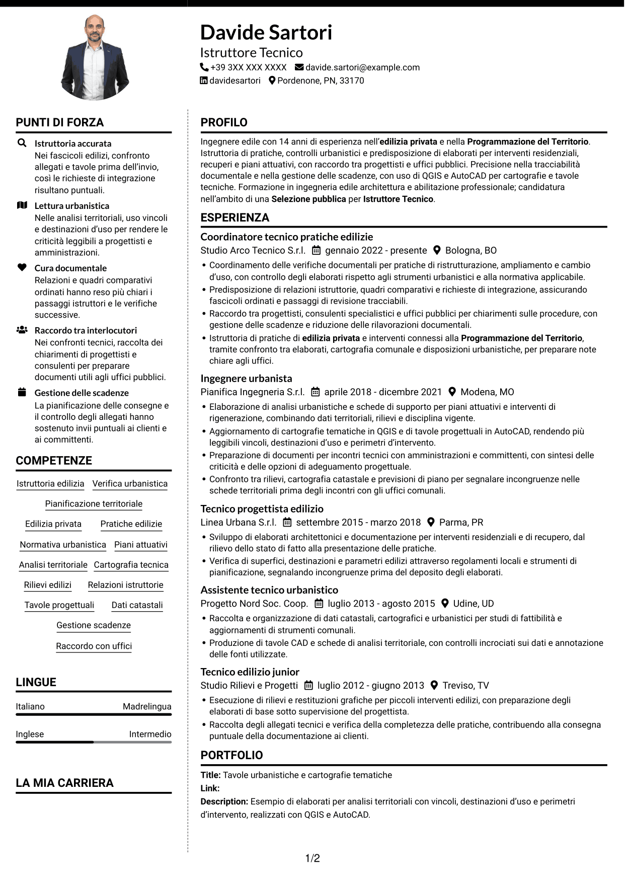CV Moderno (formato a due colonne con foto a sinistra e separatore): Istruttore Tecnico - Edilizia Privata e Programmazione del Territorio, pagina 1