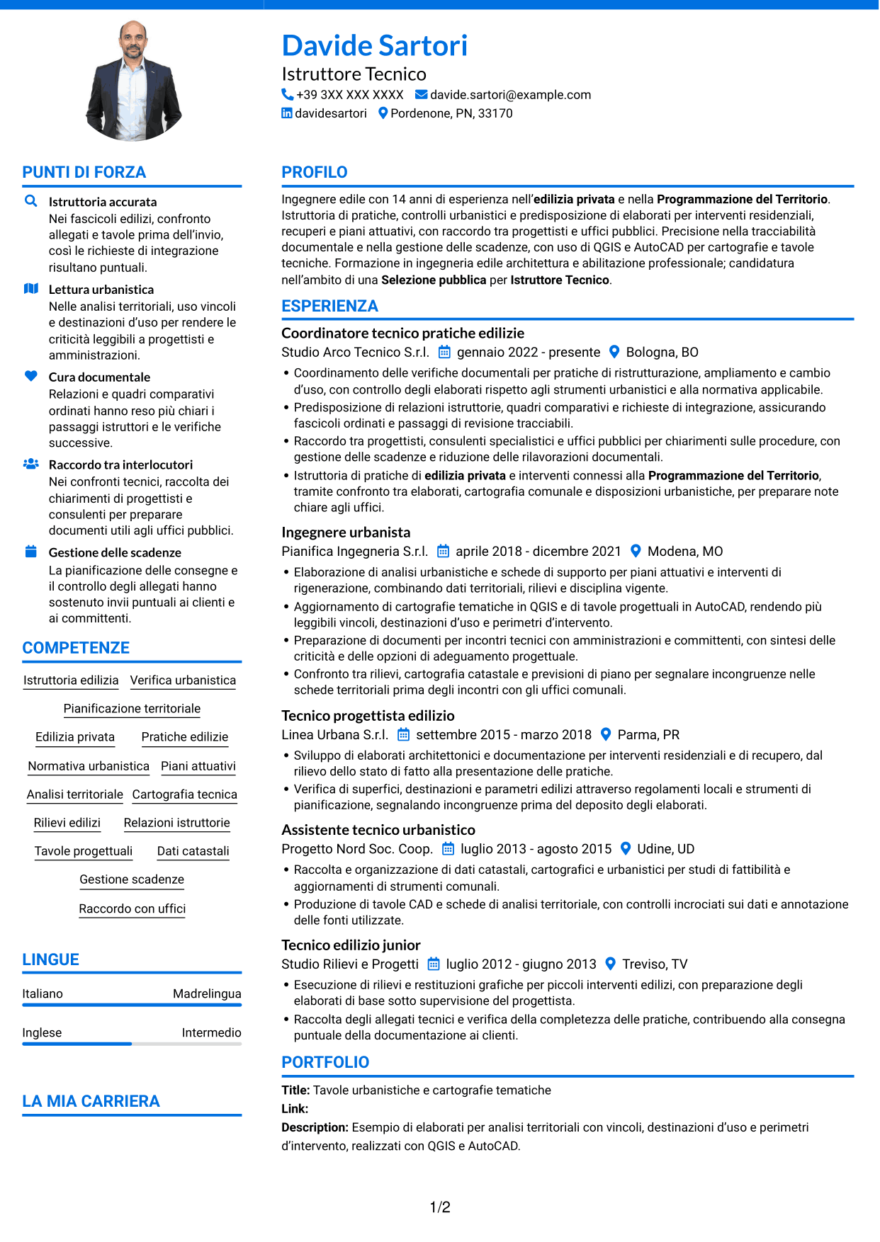 CV Audace (formato a due colonne con accenti colorati e foto): Istruttore Tecnico - Edilizia Privata e Programmazione del Territorio, pagina 1