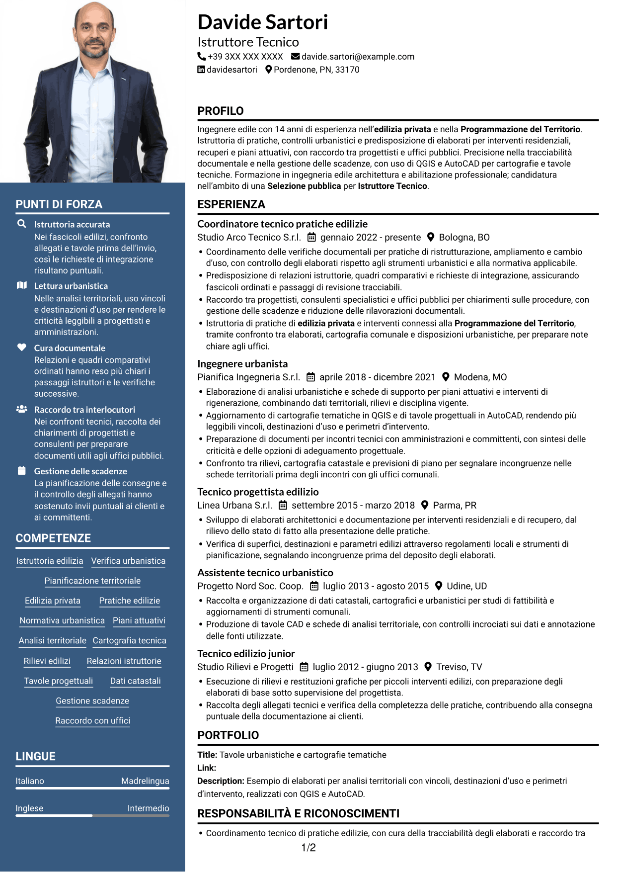 CV Signature (formato con colonna laterale colorata e foto grande): Istruttore Tecnico - Edilizia Privata e Programmazione del Territorio, pagina 1