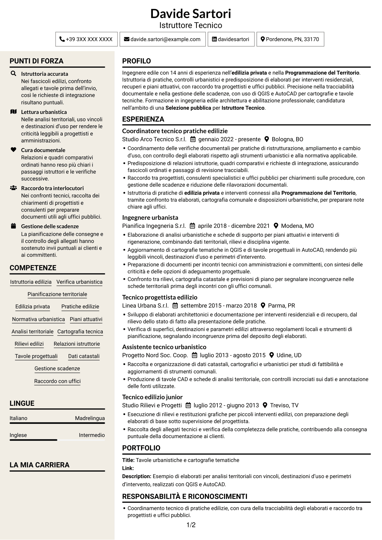 CV Intraprendente (formato a due colonne con intestazione centrata senza foto): Istruttore Tecnico - Edilizia Privata e Programmazione del Territorio, pagina 1