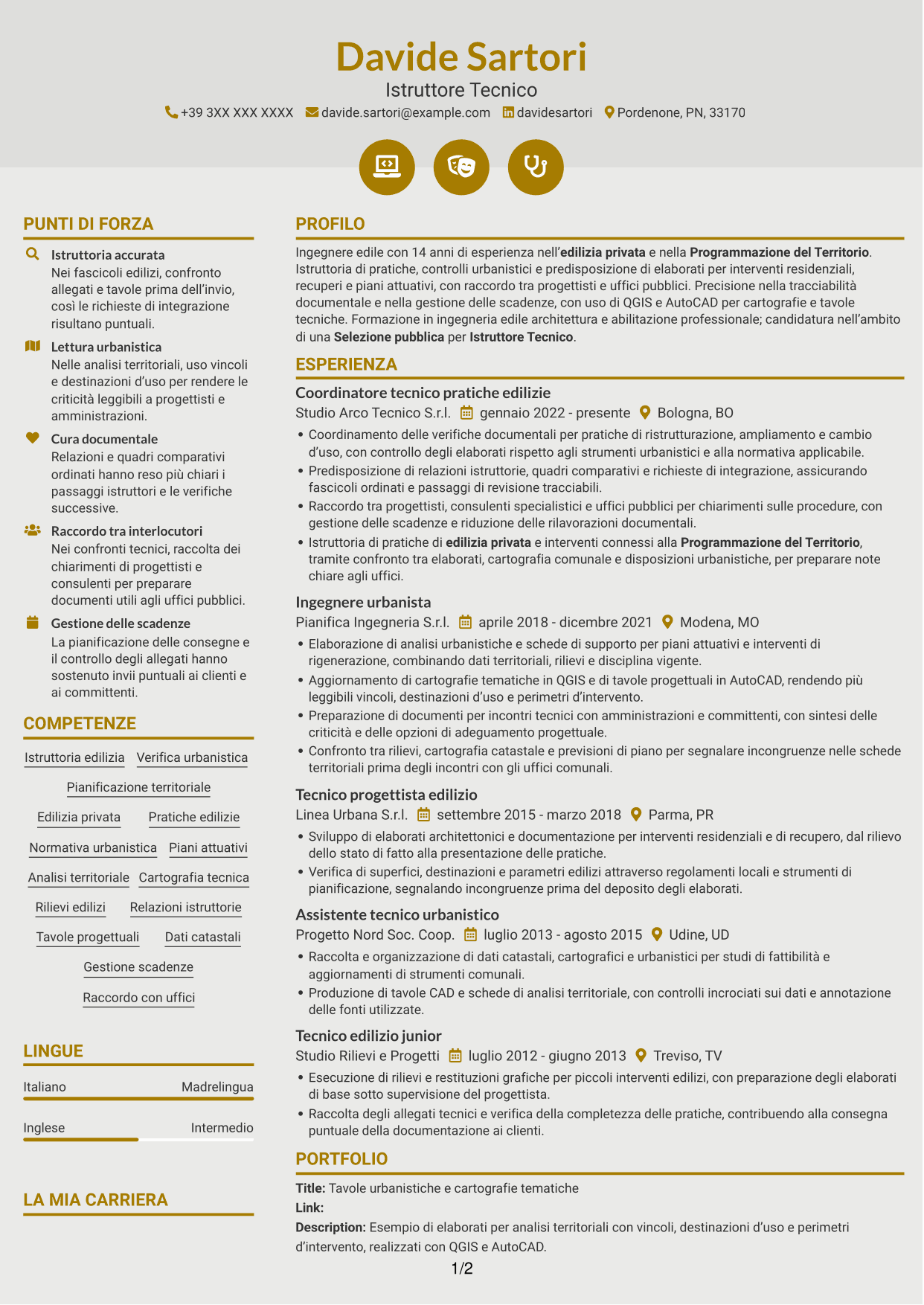 CV Dinamico (formato a due colonne con icone): Istruttore Tecnico - Edilizia Privata e Programmazione del Territorio, pagina 1