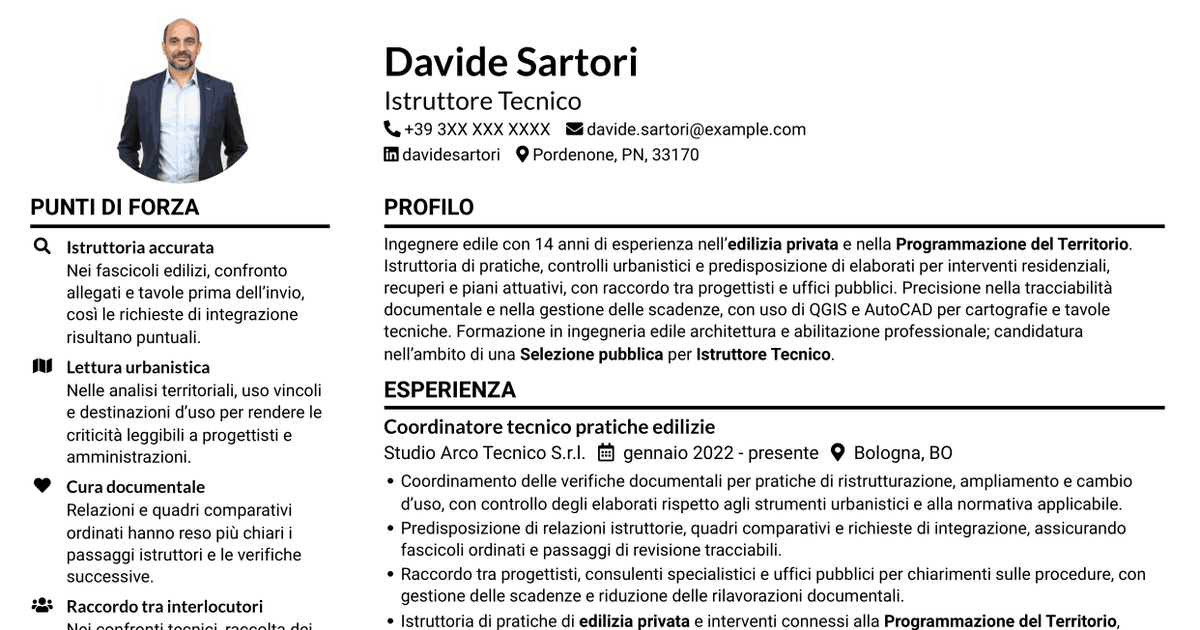 7 modelli di CV per Istruttore Tecnico - Edilizia Privata e Programmazione del Territorio, con esempi