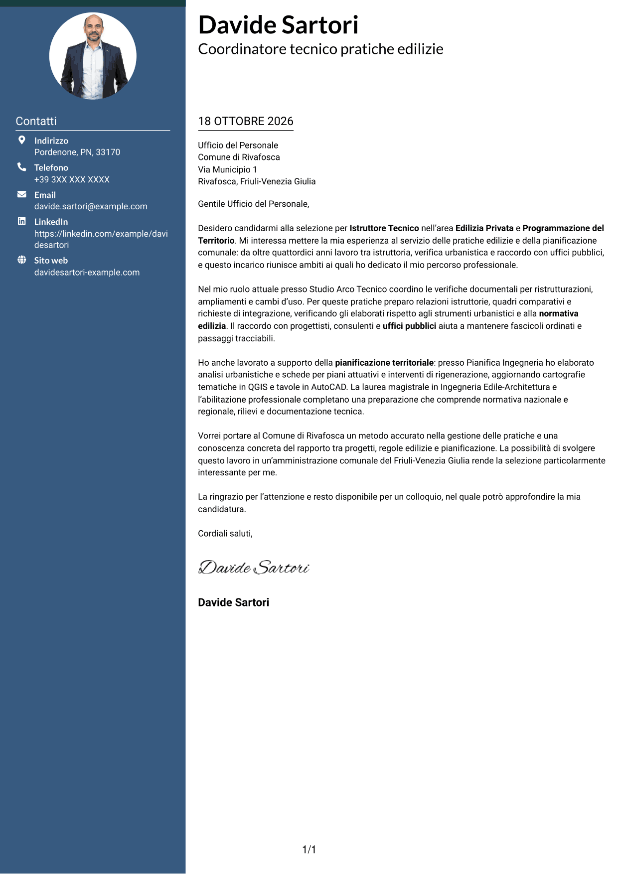 Lettera di presentazione Elegante (formato con colonna laterale colorata e foto): Istruttore Tecnico - Edilizia Privata e Programmazione del Territorio, pagina 1